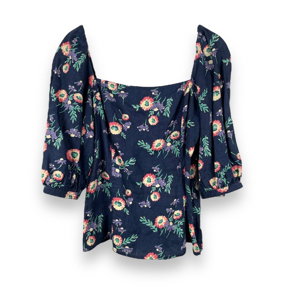 Polo Ralph Lauren Floral Linen Blouse Top Womens 12 Blue Puff Sleeve Square Neck
